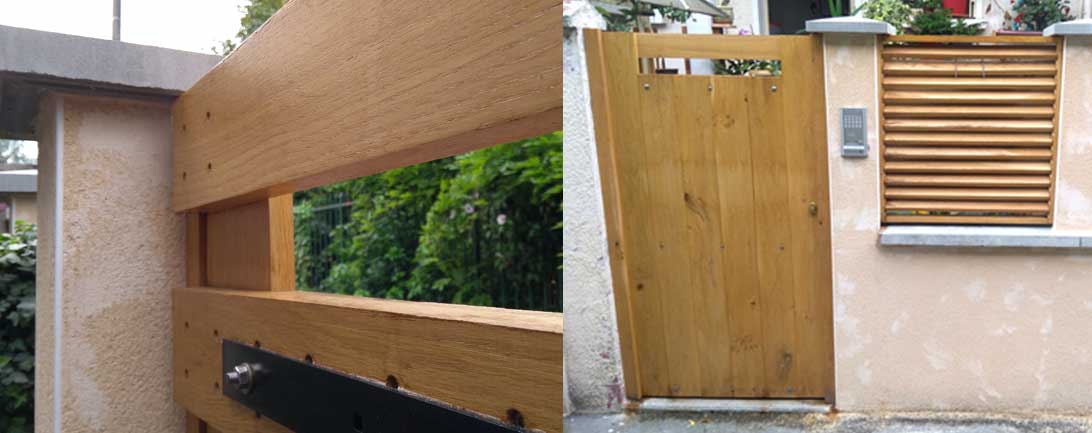 photo mur de béton avec habillage bois et porte en bois sur mesure